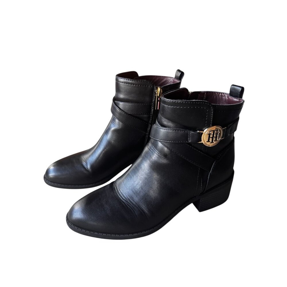Tommy Hilfiger Womens Black Ankle Boots Faux Leather Sz 7.5M Gold Logo Imiera - Picture 3 of 11